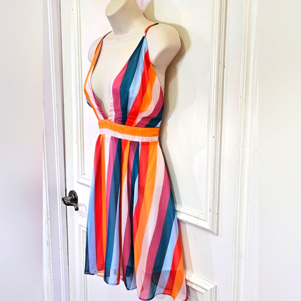 ESSUE Red/Orange Multi-Color Striped Deep Plunge Strappy Mini Dress,Large,NWT - Picture 9 of 16
